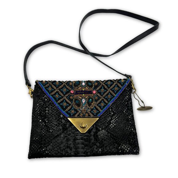 MARY FRANCES Black Beaded & Gem Embellished Flap Embossed Suede Shoulder Bag New - Picture 1 of 8